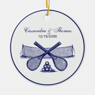 Sports Tennis Net, Crossed Racquets, Balls Blue Ceramic Ornament