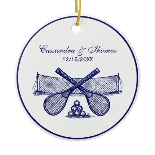Sports Tennis Net, Crossed Racquets, Balls Blue Ceramic Ornament