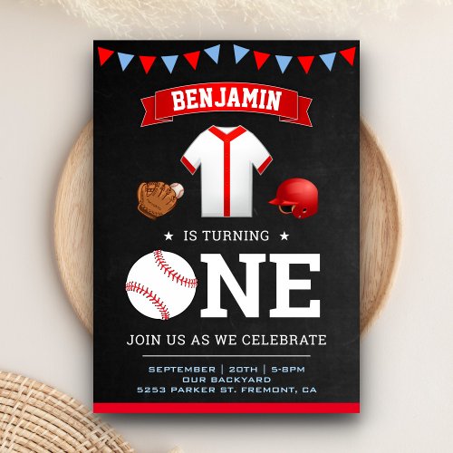 Sports Theme Baseball Player 1st Birthday Party Invitation