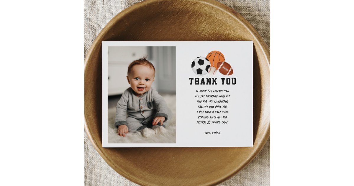 Sports Theme Born 2 Ball Boy Birthday Party Photo Thank You Card | Zazzle