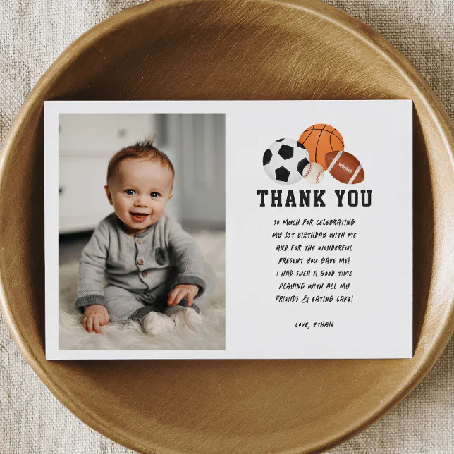 Sports Theme Born 2 Ball Boy Birthday Party Photo Thank You Card | Zazzle