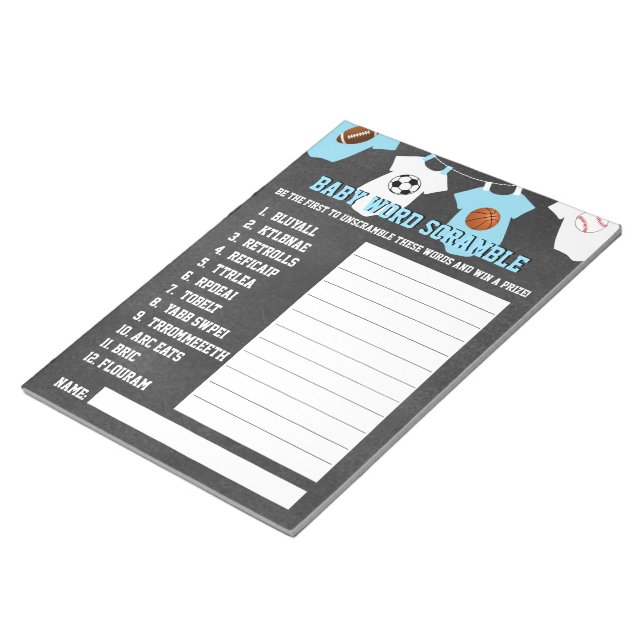 SPORTS theme Chalkboard baby shower GAME Notepad (Angled)