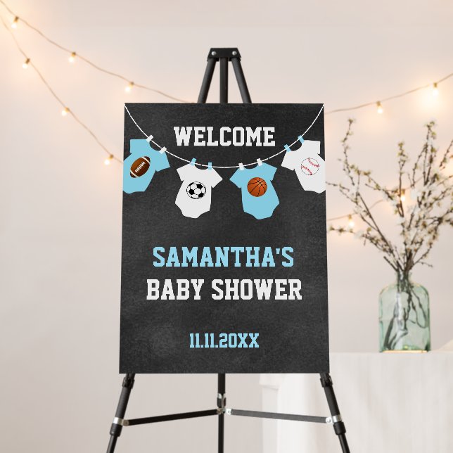 Sports Theme Chalkboard Blue Boy Baby Shower Foam Board (In Situ (Stand))