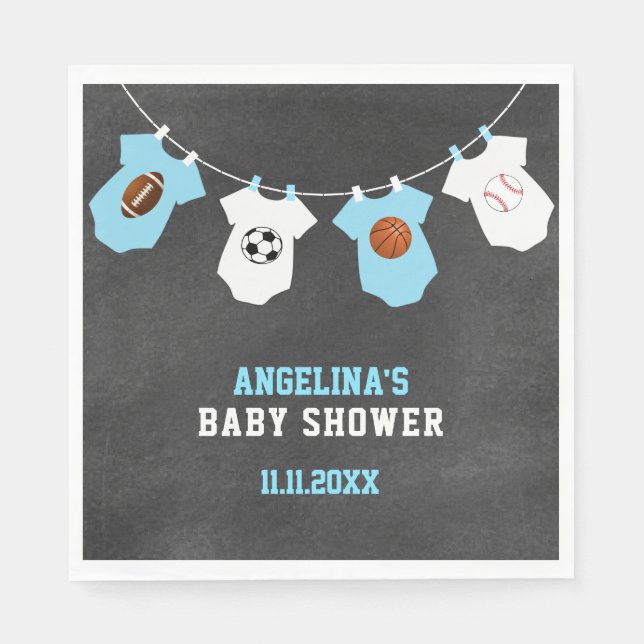 Sports Theme Chalkboard Blue Boy Baby Shower Napkins (Front)