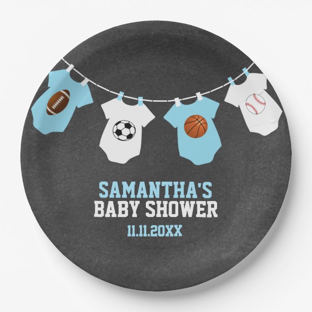 Sports Theme Chalkboard Blue Boy Baby Shower Paper Plates (Front)