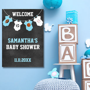 Sports Theme Chalkboard Blue Boy Baby Shower Poster