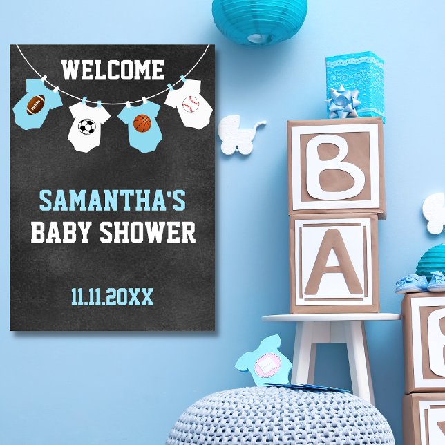 Sports Theme Chalkboard Blue Boy Baby Shower Poster (Creator Uploaded)