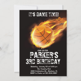 Sports Theme Game Fire Basketball Black Birthday Invitation