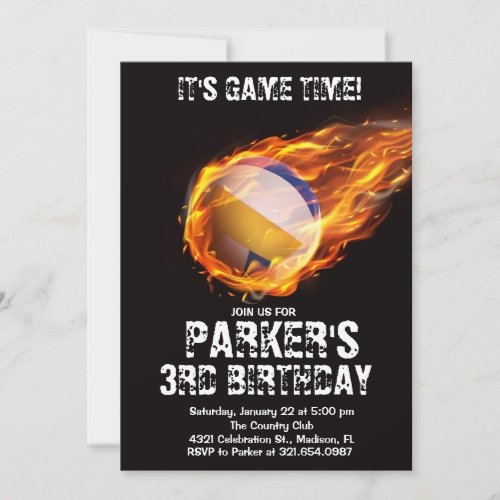 Sports Theme Game Fire Volleyball Black Birthday Invitation