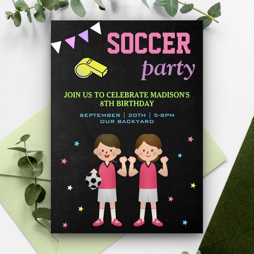 Sports Theme Girls Soccer Birthday Party Invitation