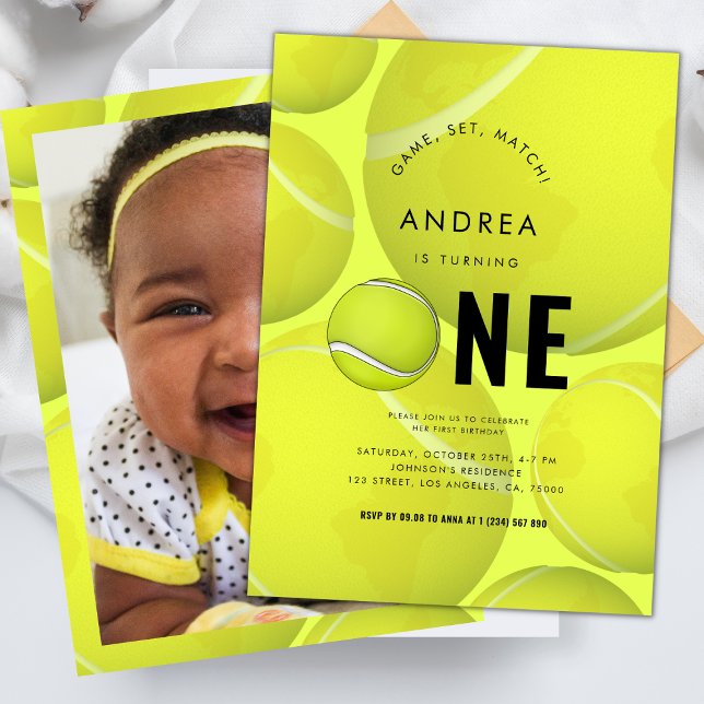 Sports Theme Kid's Photo Tennis 1st Birthday Party Invitation (Creator Uploaded)