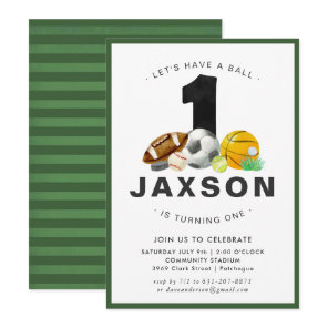 Sports Themed 1st Birthday Party Invitation