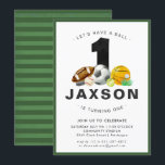 Sports Themed 1st Birthday Party Invitation<br><div class="desc">Put your game face on and celebrate with our sports birthday party invitation. It's perfect for any age (just remove the number) and any sports themed party. Add your custom wording to this design by using the "Edit this design template" boxes on the right hand side of the item, or...</div>