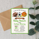 Sports Themed Baby Shower Invite<br><div class="desc">This is a sports themed baby shower invite for a boy. A little All Star is on his way! This design includes football,  basketball,  soccer,  hockey,  golf,  baseball,  and tennis. Green and brown. It's a boy!</div>
