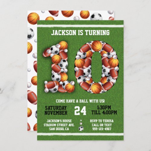 Sports Themed Balls 10th Birthday Party Invitation