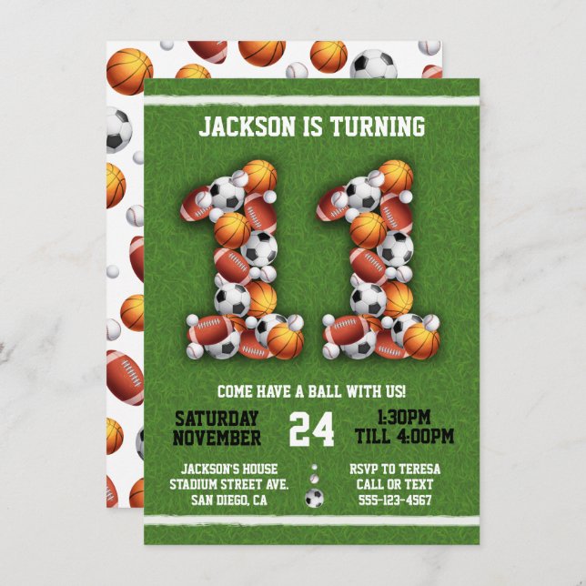 Sports Themed Balls 11th Birthday Party Invitation (Front/Back)