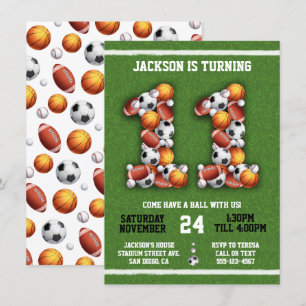 Sports Themed Balls 11th Birthday Party Invitation