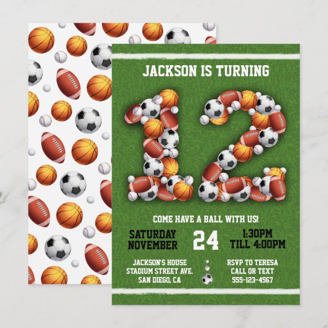 Sports Themed Balls 12th Birthday Party Invitation (Front/Back)