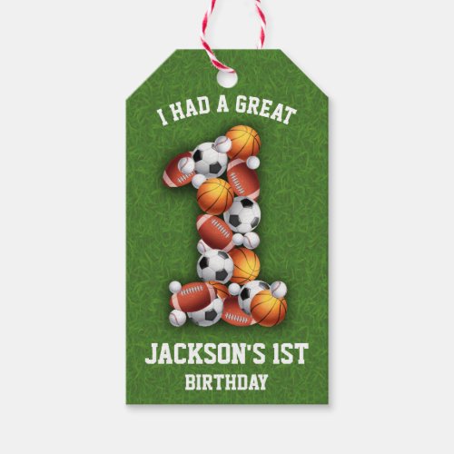 Sports Themed Balls 1st Birthday Party Gift Tags