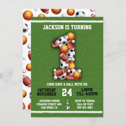 Sports Themed Balls 1st Birthday Party Invitation