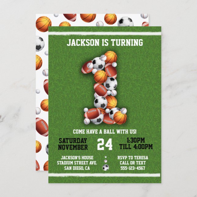 Sports Themed Balls 1st Birthday Party Invitation (Front/Back)