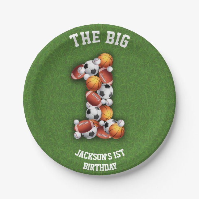 Sports Themed Balls 1st Birthday Party Paper Plates (Front)