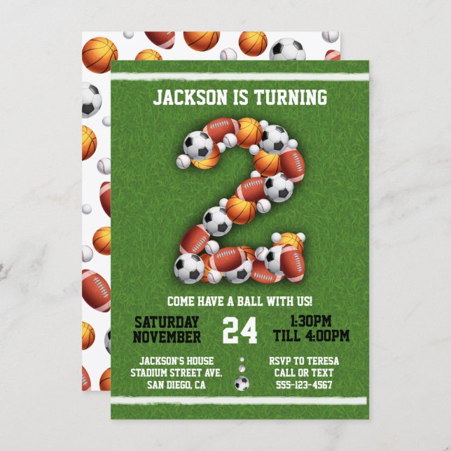 Sports Themed Balls 2nd Birthday Party Invitation (Front/Back)