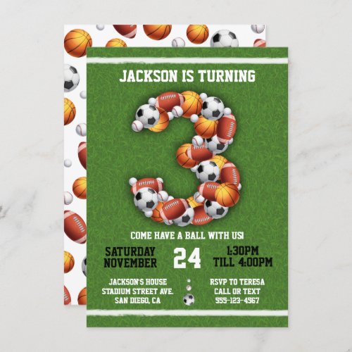 Sports Themed Balls 3rd Birthday Party Invitation