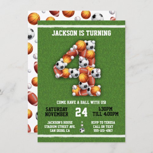 Sports Themed Balls 4th Birthday Party Invitation