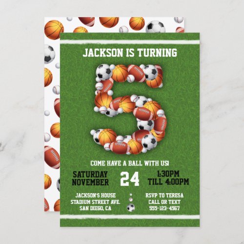 Sports Themed Balls 5th Birthday Party Invitation