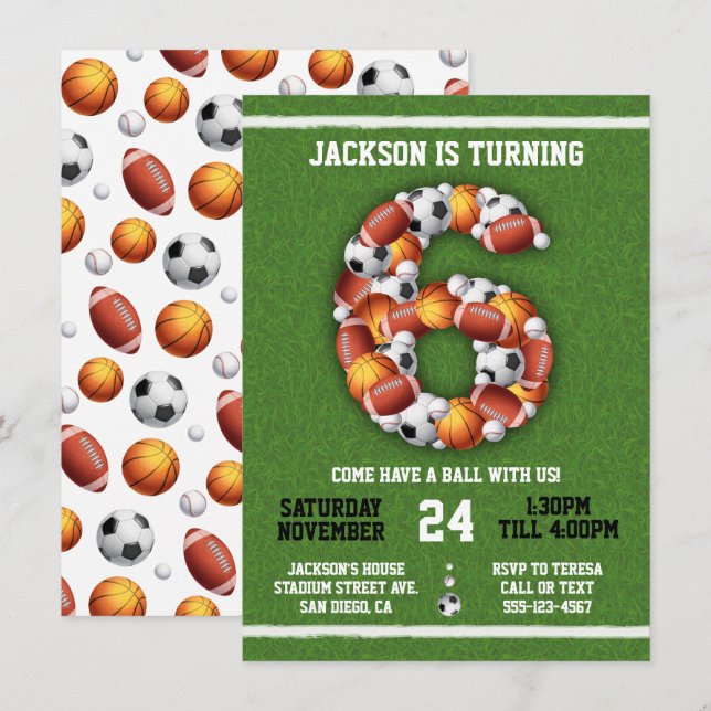 Sports Themed Balls 6th Birthday Party Invitation (Front/Back)