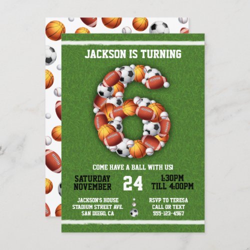 Sports Themed Balls 6th Birthday Party Invitation