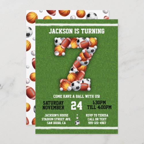 Sports Themed Balls 7th Birthday Party Invitation