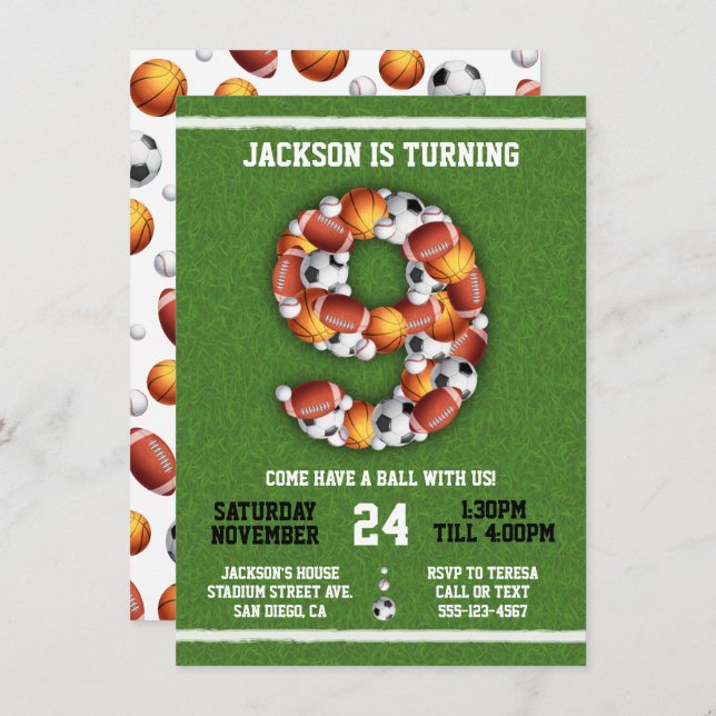 Sports Themed Balls 9th Birthday Party Invitation (Front/Back)