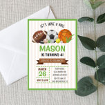 Sports Themed Birthday Party Invite<br><div class="desc">This is a sports themed birthday party invite for a boy. Let's have a ball! This design includes football,  basketball,  soccer,  hockey,  golf,  baseball,  and tennis. Green and brown. Perfect for a kids/children's birthday theme.</div>