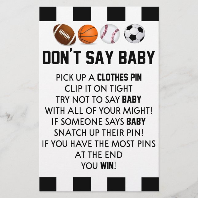 Sports Themed Don't Say Baby Shower Game Stationery (Front)
