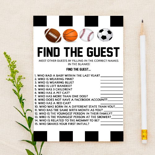 Sports Themed Find The Guest Baby Shower Game Stationery