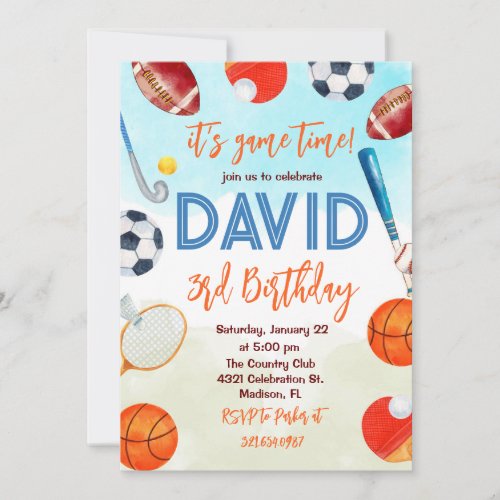 Sports Themed Kids Birthday Party Invitation