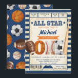 Sports Ticket 1st Birthday Party Invitation<br><div class="desc">This Sport themed birthday party invitation is designed to match our Sports collection! This theme is perfect for any gender, boy or girl, with vibrant colorful tones of navy, brown, and orange. This design features sports ball clipart and a ticket themed background. The backside features matching sports balls with a...</div>