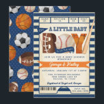 Sports Ticket Baby Shower Invitation<br><div class="desc">This Sports Ticket Baby Shower Invitation is designed to match our Sports collection! This theme is perfect for any gender, boy or girl, with vibrant colorful tones of navy, brown, and orange. This design features sports ball clipart and a ticket themed background. The backside features matching sports balls with a...</div>