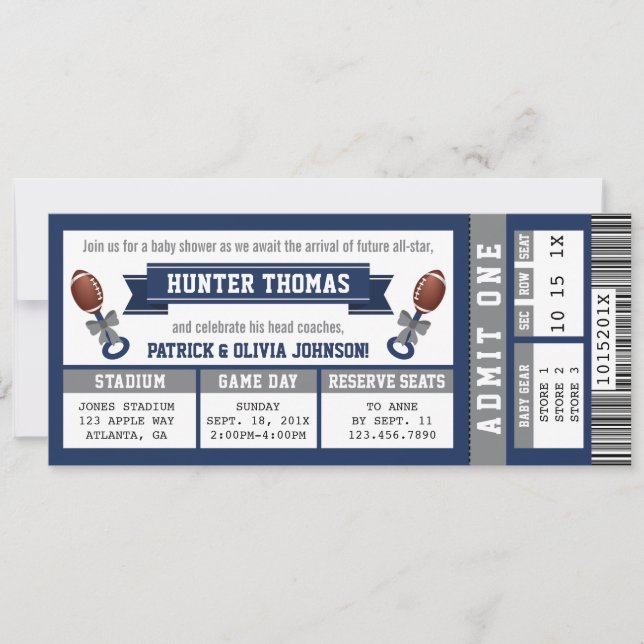 Sports Ticket Baby Shower Invitation, Blue, Gray Invitation (Front)