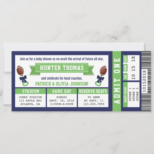 Sports Ticket Baby Shower Invitation, Blue, Green Invitation (Front)
