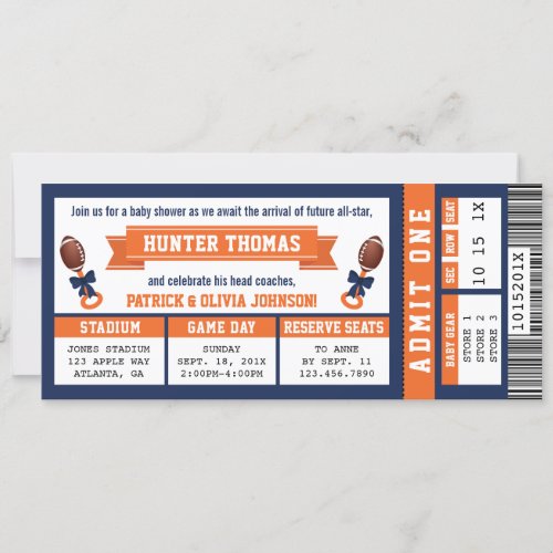 Sports Ticket Baby Shower Invitation Blue Orange Invitation
