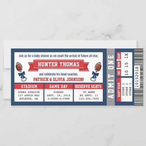 Sports Ticket Baby Shower Invitation Blue Red Invitation