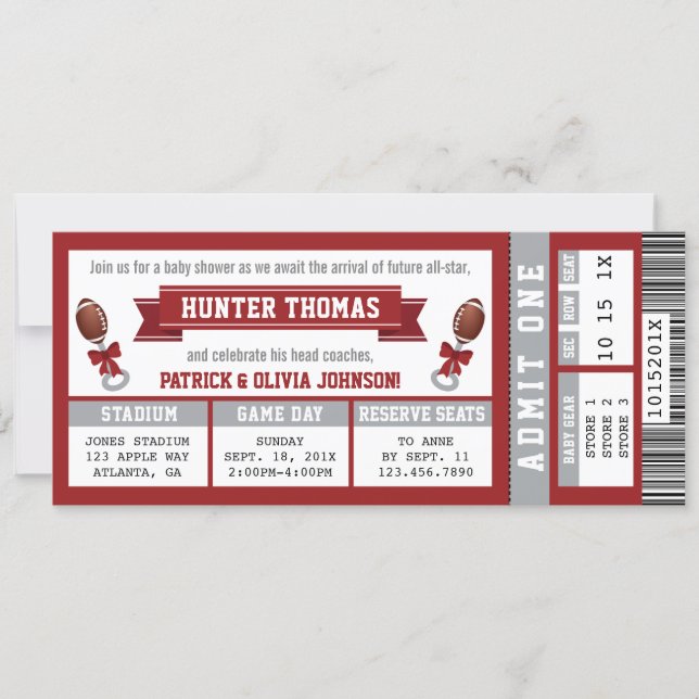 Sports Ticket Baby Shower Invitation, Crimson Invitation (Front)