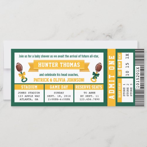 Sports Ticket Baby Shower Invitation Green Gold Invitation