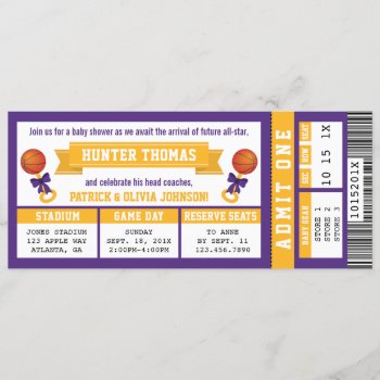 Sports Ticket Baby Shower Invitation  Purple  Gold Invitation by DeReimerDeSign at Zazzle