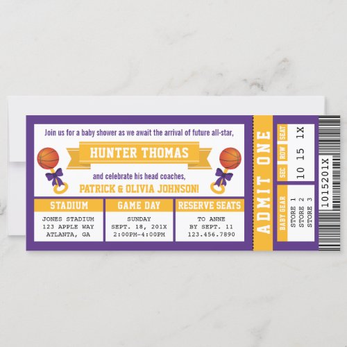 Sports Ticket Baby Shower Invitation Purple Gold Invitation