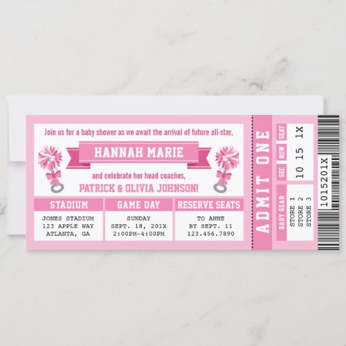 Sports Ticket Baby Shower Invite Pink Cheerleader Invitation