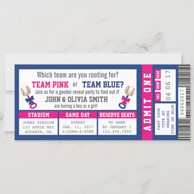 Sports Ticket Gender Reveal Invitation, Baseball Invitation (Front)